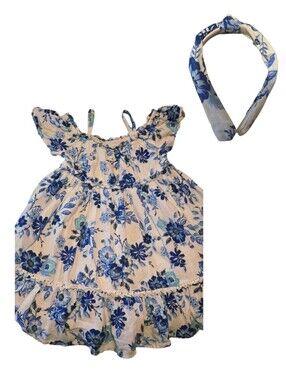 2pc Blue Floral Ruffled Summer Dress With Headband